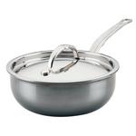 The Hestan NanoBond Titanium Stainless Steel Saucier Pan, 2qt, with matching lid and long handle, features ProCore Aluminum for superior heat performance and is shown against a plain white background.