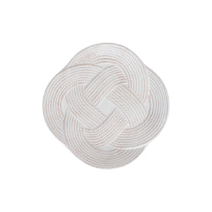 From above, the Le Panier Mystic Knot Collection by Juliska features a neatly coiled white rope tied in an intricate, decorative knot against a white background.