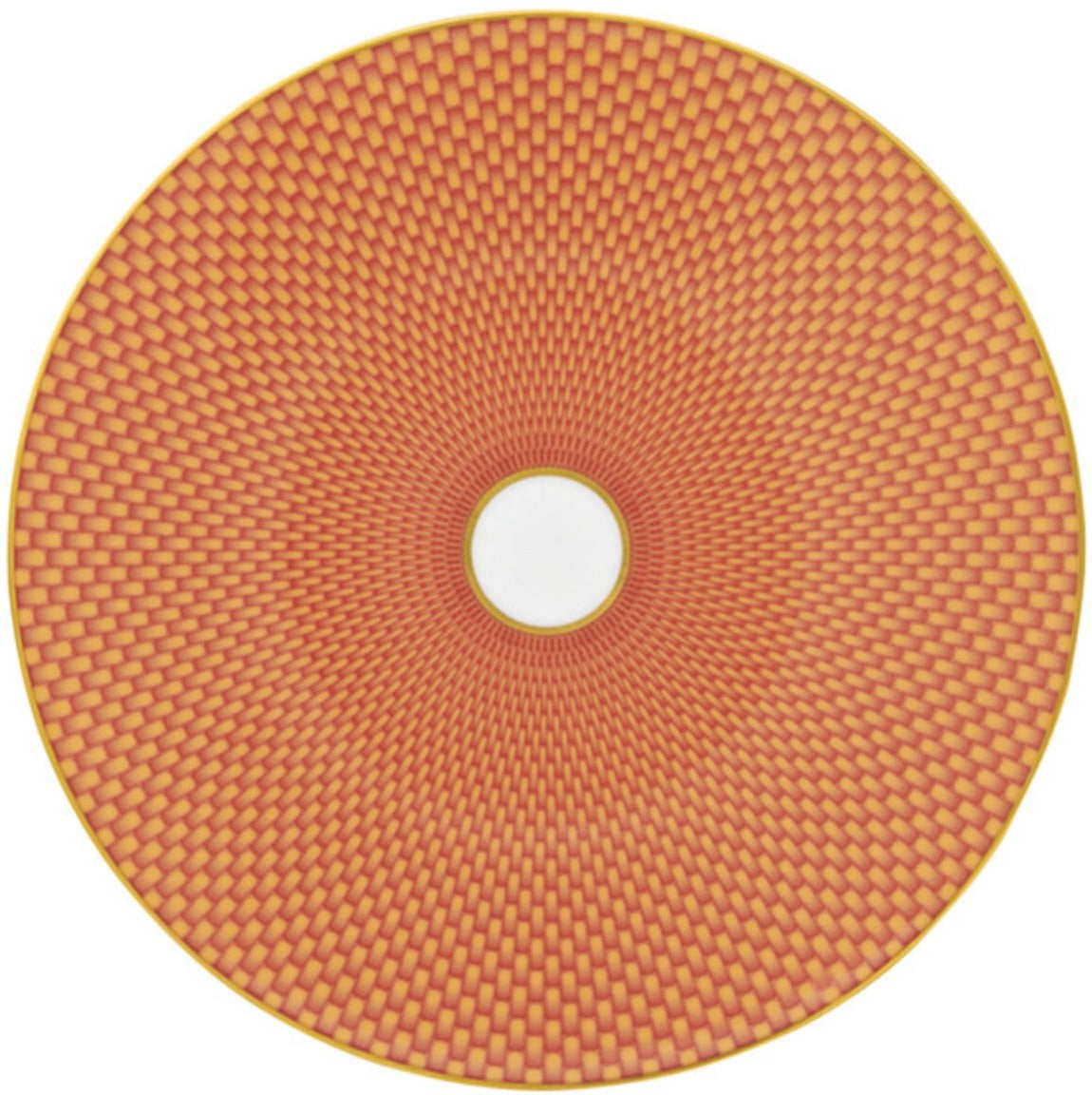 The Tresor Orange Dinnerware Collection by Raynaud features a round porcelain plate hand painted with an orange and yellow geometric pattern radiating from a white center.