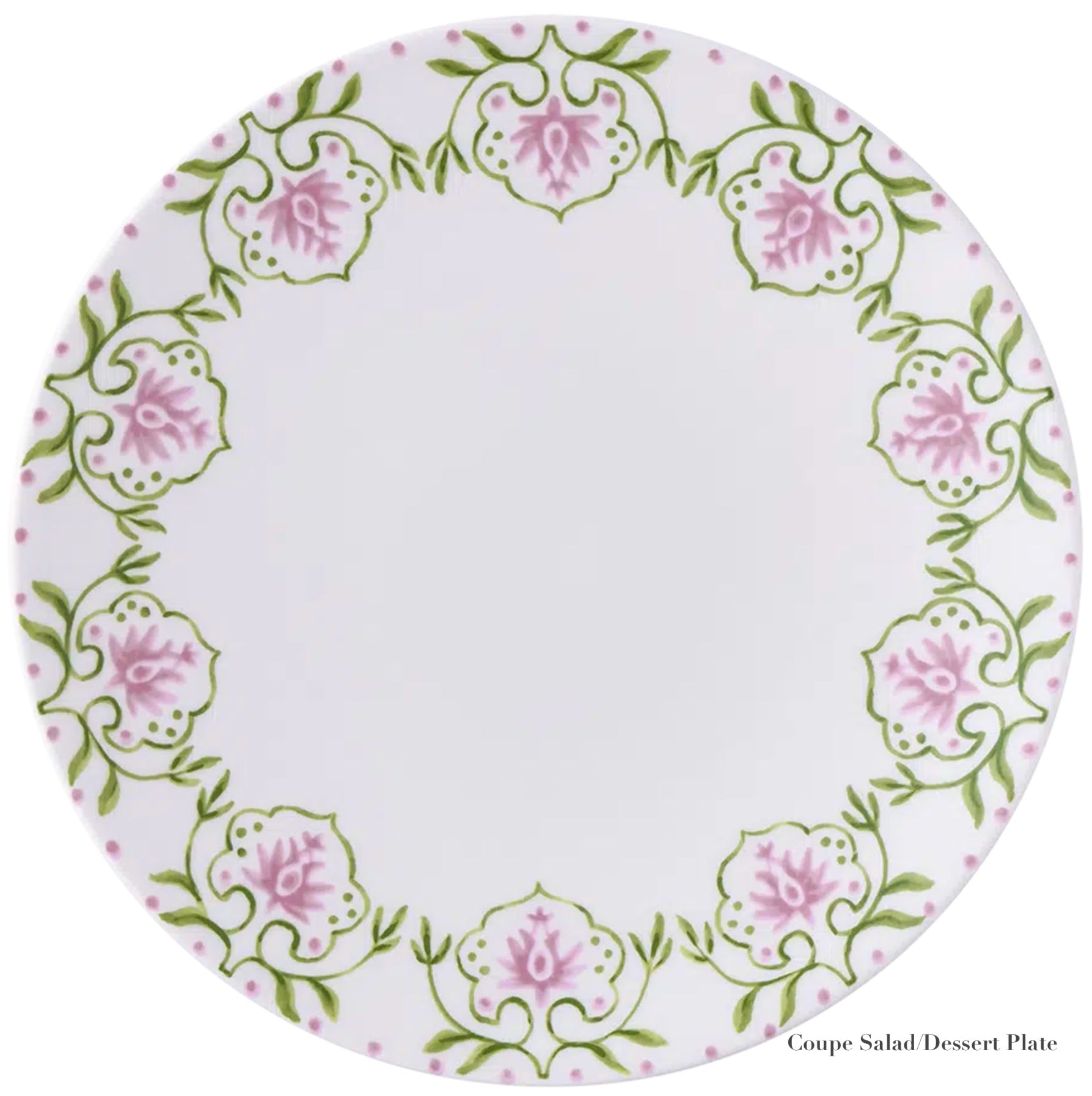 Round white plate with pink floral and green leaf border, crafted from fine bone china by Royal Crown Derby. Part of the Cobblers Cove Camelot Dinnerware Collection, "Coupe Salad/Dessert Plate" noted in the bottom right corner.