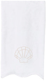 The Sand Shell Scalloped Hand Towel by Weezie Towels is a white, plush, absorbent towel featuring simple seashell embroidery near the bottom center.