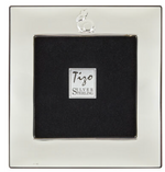 The Sterling Silver Baby Frame Bunny by Tizo Design features a square shape, simple border, tarnish-resistant finish, and a Tizo Silver Sterling label in the center.