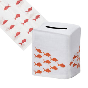 The School of Fish Bath Collection, Tangerine by Haute Home features a white Italian linen tissue box cover with hand-embroidered orange fish in a school pattern; matching fabric and tip towel complete the charming set.