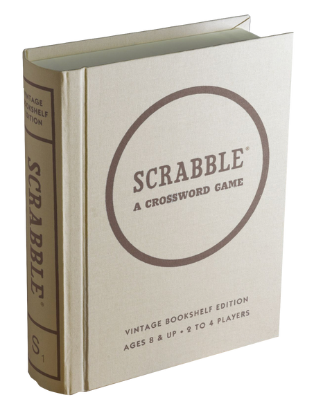 A WS Game Company Scrabble Vintage Bookshelf Edition, designed to look like a book, featuring wood letter tiles and a vintage 1948 game board.