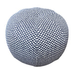 The Seabrook Outdoor Ottoman in Royal Blue by Lee Industries is a round pouf featuring a blue and white geometric diamond pattern, ideal for enhancing your patio or outdoor space. Photographed against a white background.