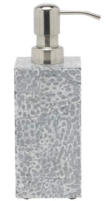 Square soap dispenser from the Callas Bath Collection by Pigeon & Poodle, featuring a metallic pump and gray patterned base with elegant mosaic-inspired design, shown against a plain white background.