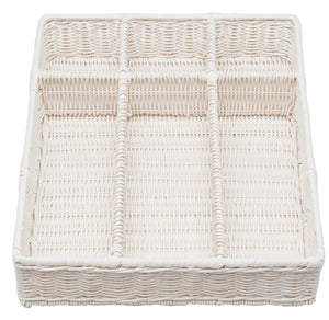 The Micaela White Rattan Serveware Collection by Blue Pheasant features a stylish rectangular woven tray with six compartments, arranged in two rows of three, blending practicality and natural charm.