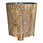 The Bojay Large Wood and Bone Planter showcases intricate white floral bone inlay on wood, with a round tapered shape and four short legs for an elegant touch.