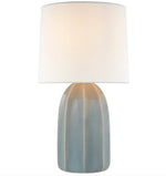 The Melanie Large Table Lamp Collection by Visual Comfort features a rounded blue ceramic base with vertical ridges and a large white cylindrical fabric shade.