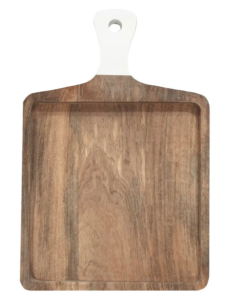 A hand-sanded Ibolili/Montes Doggett Acacia Square Cutting Board with White Handle collection.