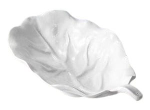 White ceramic dish from the Beatriz Ball Vida Lettuce Serveware Collection, designed with textured veins and a curved edge, photographed on a plain white background.