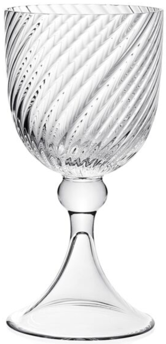The Venetia Drinkware Collection by William Yeoward Crystal features a clear goblet with a round base, short elegant stem, and a bowl adorned with a striking diagonal swirl pattern.