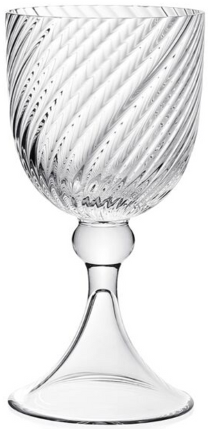The Venetia Drinkware Collection by William Yeoward Crystal features a clear goblet with a round base, short elegant stem, and a bowl adorned with a striking diagonal swirl pattern.