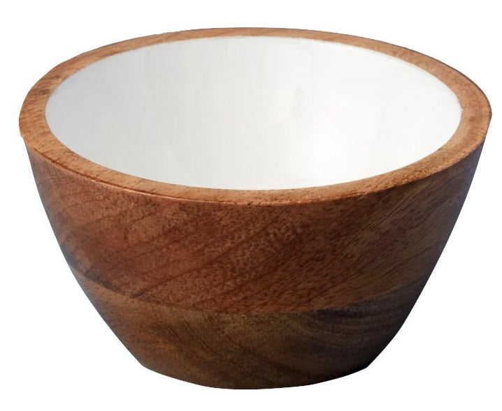 The Be Home Madras Classic Snack Bowl features ethically crafted mango wood, a smooth natural exterior, and a glossy white interior, displayed on a plain white background.