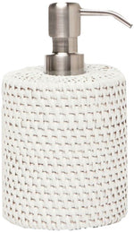 The Dalton Bath Collection by Pigeon & Poodle features a soap dispenser with a woven white cover, detailed craftsmanship, and a metallic pump.