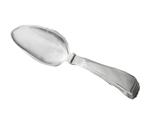 The Beatriz Ball Soho Small Ice Scoop, crafted from silver-colored aluminum alloy with a wide bowl and decorative handle, exudes polished sophistication against a white background.
