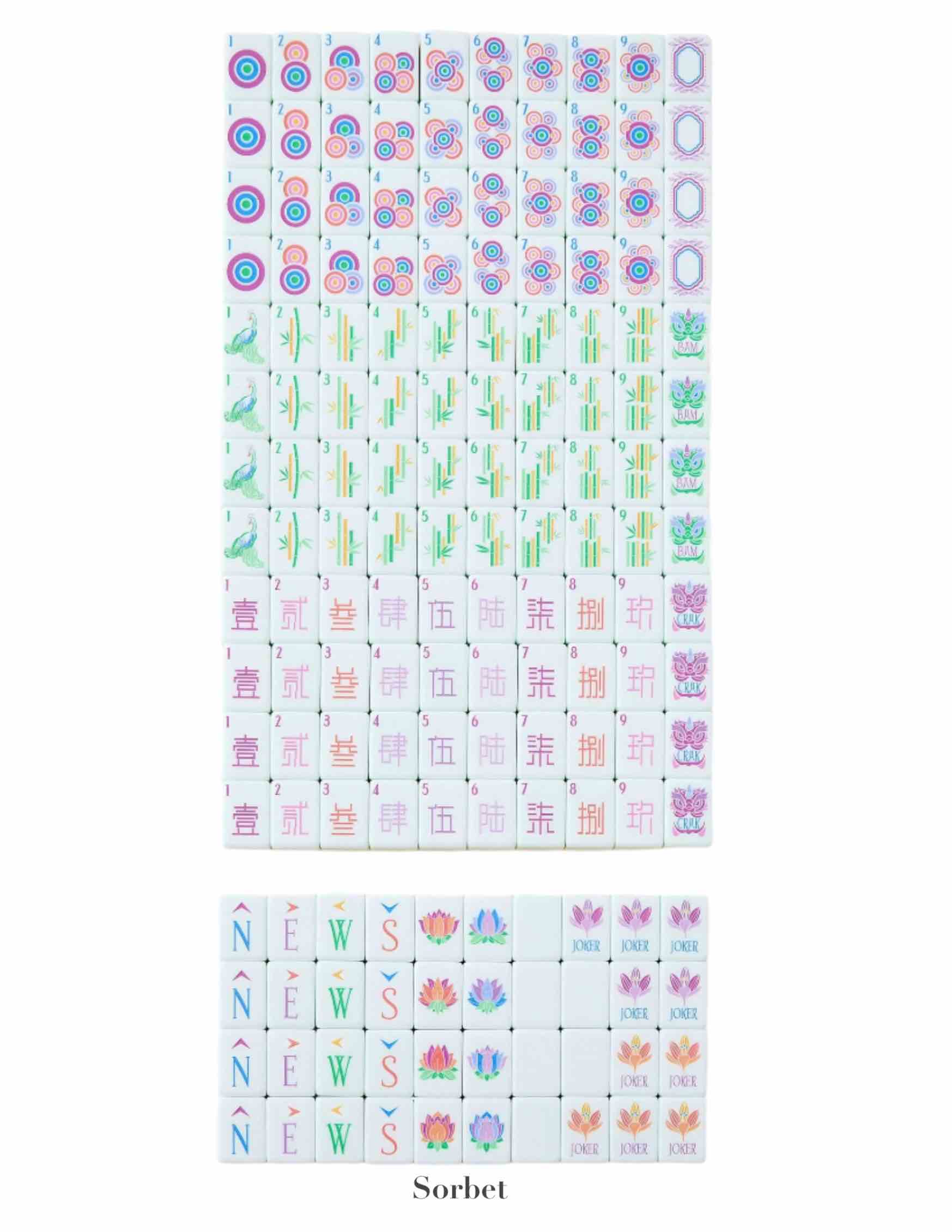 A complete set of colorful, hand-painted Mahjong tiles from Oh My Mahjong's Mahjong Tile Collection arranged in rows on a white background, labeled "Sorbet" at the bottom.