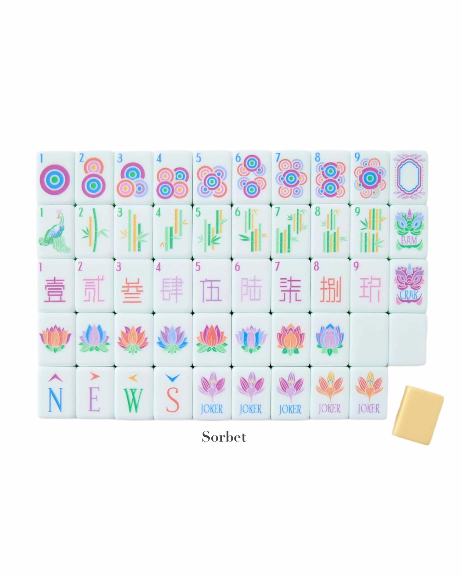 Oh My Mahjong’s Mahjong Tile Collection features hand-painted pastel tiles—circles, bamboo, characters, jokers, flowers, and a blank—labeled “Sorbet” for a unique gaming experience.