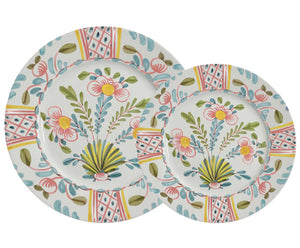 Two ceramic plates from the Duggan Society Sorrento Dinnerware Collection feature matching floral patterns in pink, yellow, and green with central bouquets and geometric borders inspired by classic Italian Sorrento designs.