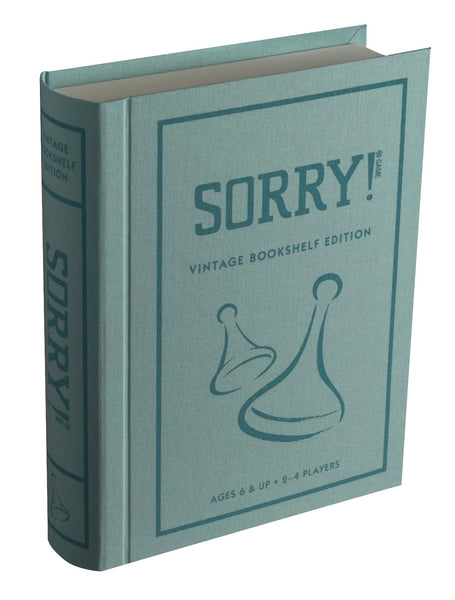 Board game designed to resemble a collectible book for storage on a bookshelf, titled "WS Game Company Sorry! Family Game Vintage Bookshelf Edition.