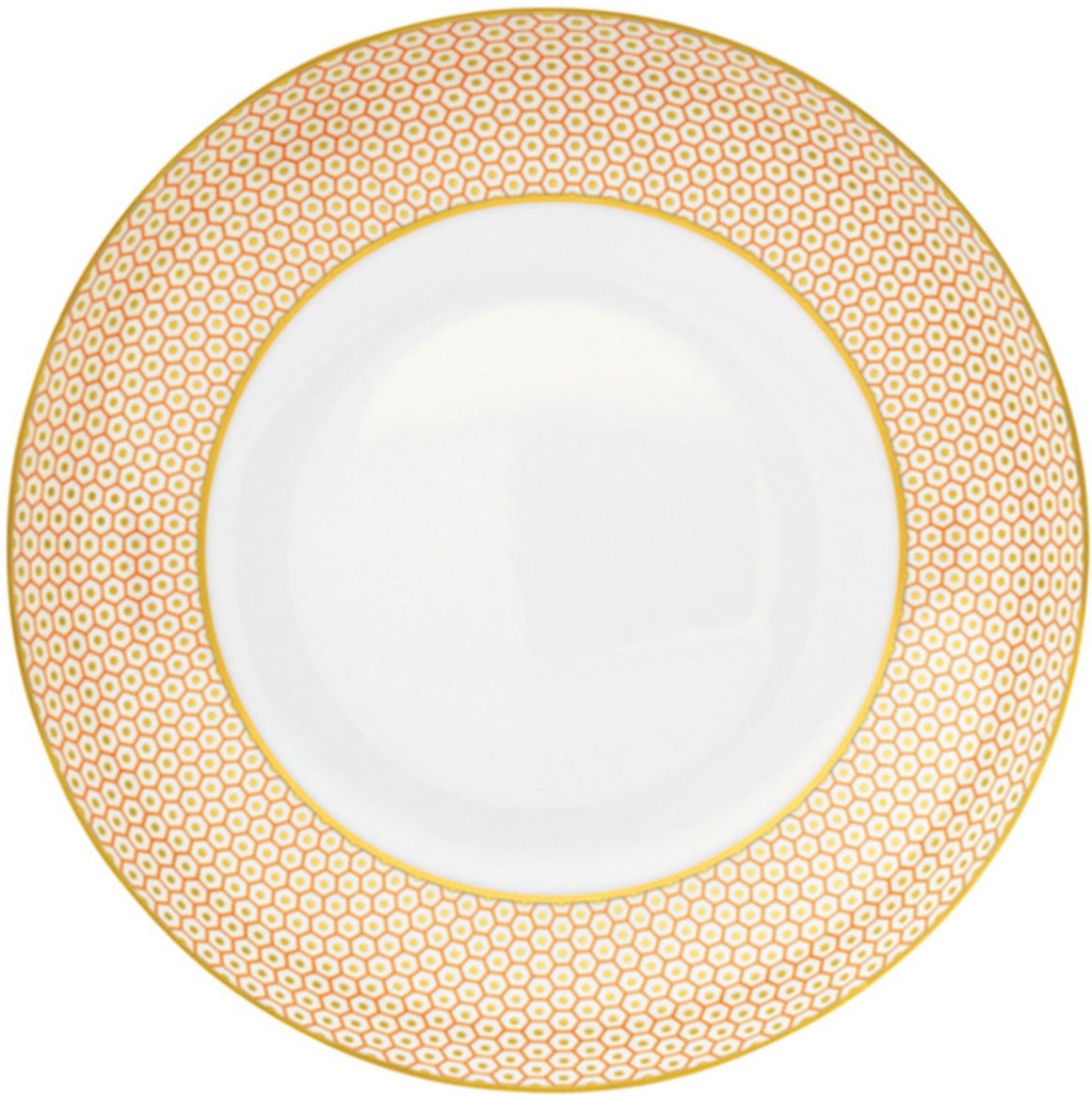 Raynaud Tresor Orange Dinnerware Collection: a white porcelain plate with a wide hand-painted gold and red geometric rim of small circles in a regular grid. Center remains elegantly plain white.