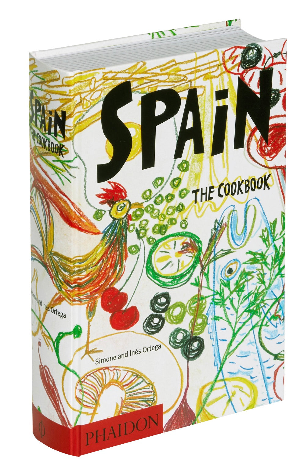 A colorful, best-selling cookbook titled "Phaidon Spain: The Cookbook" by Simone and Inés Ortega, featuring traditional Spanish recipes for home cooking.