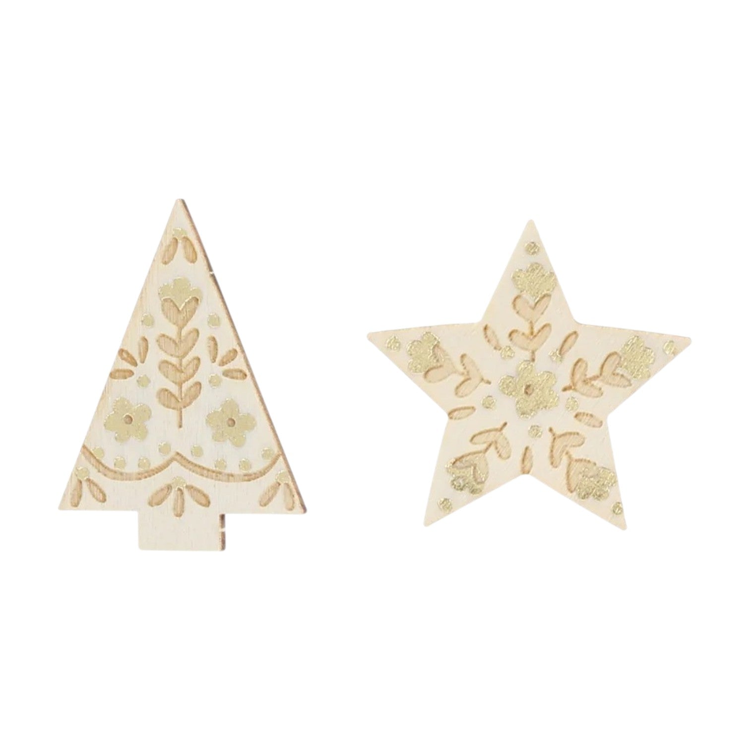 A wooden Christmas tree and star with etched floral patterns and gold accents sits beside Meri Meri Nutcracker Ballet Crackers on a white background.