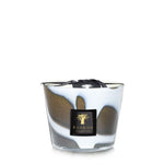 A scented Baobab Collection Stones Agate Candle in a transparent glass jar with a black and gold label, positioned against a white background.