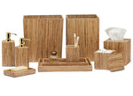 Elevate your bathroom with the Sumter Bath Collection by Pigeon & Poodle—featuring wooden soap dispensers, trays, toothbrush holder, tissue box, bins, and perfume bottle, all in a coordinated wood grain finish.