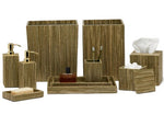 Elevate your bathroom with the Pigeon & Poodle Sumter Bath Collection, featuring two soap dispensers, a toothbrush holder, tissue box, cotton swab holder, Sumter tray, soap dish, and two wastebaskets. Each piece boasts a textured brown elegance.
