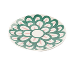 A decorative fine porcelain plate from the Themis Z Symi Green and Pink Collection by Themis Z with a Symi pattern in green and pink on a white background.