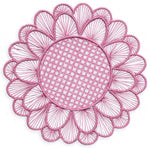The Symi Rattan Placemat Collection by Themis Z features a round, pink placemat with a woven center and petal-shaped edges, handcrafted by Colombian artisans and shown on a white background.