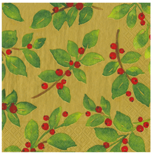 The Caspari Painted Holly Gold Collection napkin features a festive pattern of green holly leaves and red berries on gold—perfect for brightening your holiday table or adding a cheerful touch to party supplies.