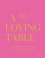 A book cover with a pink background titled "Loving Table: Creating Memorable Gatherings by Kimberly Whitman" by Gibbs Smith. Foreword by Mark D. Sikes.