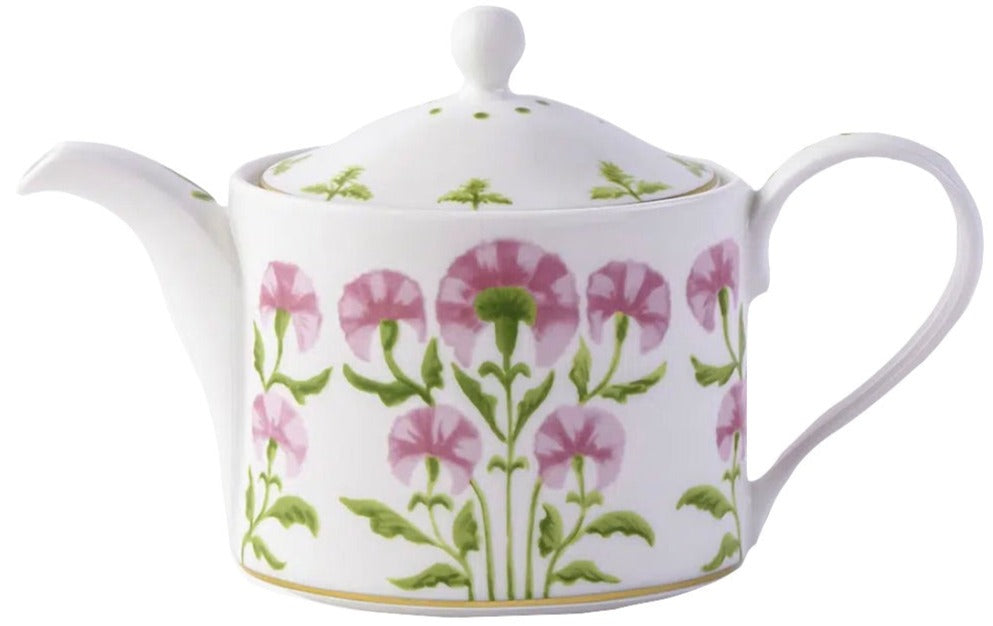 The Cobblers Cove Camelot Dinnerware Collection teapot by Royal Crown Derby features pink flowers and green stems, adding elegance to any luxury boutique hotel.