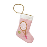 The Tennis Pink Needle Point Stocking by Bauble Stockings features a festive racquet and green tennis ball design, a gold loop, and is perfect as playful holiday decor or a charming needlepoint ornament.