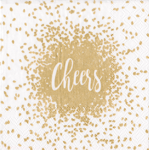 The Caspari Gold Cheers Cocktail Napkin features a gold confetti design with "Cheers" in white script, centered in a gold circle. Made from durable triple-ply material and printed with nontoxic inks.
