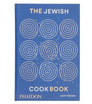 Description: "The Jewish Cookbook" by Leah Koenig, published by Phaidon, is a blue book featuring a cover design with concentric circle patterns. It showcases home-cooking recipes spanning traditional Jewish cuisine to international tastes.