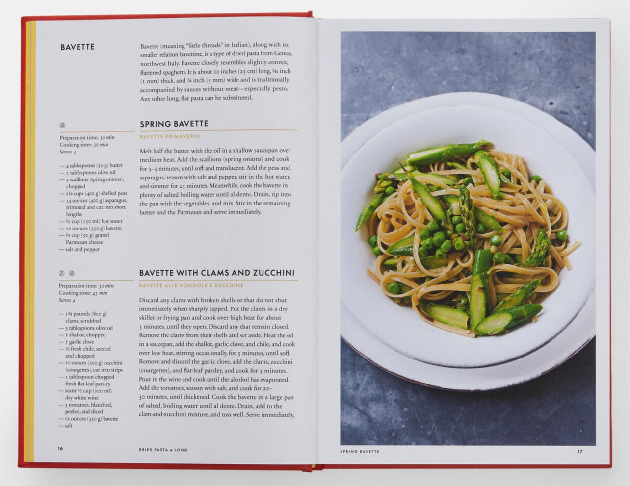 Discover "Silver Spoon Pasta: Authentic Italian Recipes" by Phaidon, a must-have for Italian cuisine enthusiasts with its delightful recipe for "Spring Bavette." On the right page, you'll find an enticing image of pasta embellished with asparagus and peas, while the left page carefully walks you through the steps to create this exquisite dish. Perfect for those who appreciate authentic pasta recipes.