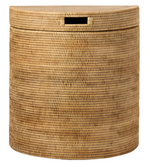 The Belek Natural Rattan Half Moon Hamper by Pigeon & Poodle features a round, woven design, fitted lid, and front rectangular handle—ideal for stylish storage.