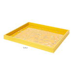 The Addison Ross Medium Chinoiserie Tray Collection features a rectangular yellow serving tray with raised edges, a floral base pattern, and a high gloss lacquer finish—perfect as a vibrant display piece.