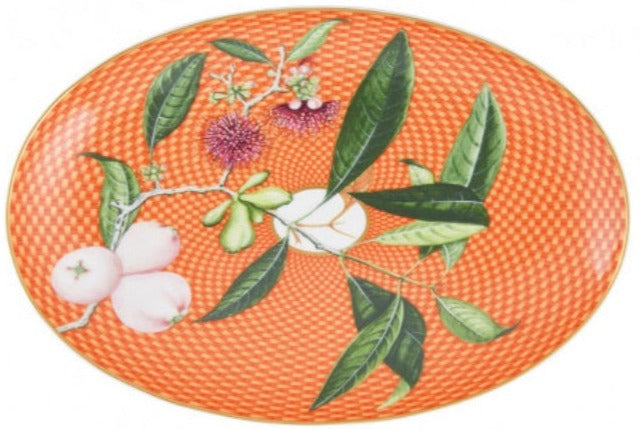 Oval plate from Raynaud's Tresor Fleuri Orange Dinnerware Collection, hand-painted with an orange lattice pattern, green leaves, white and pink fruits, and purple flowers at the center.