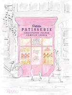Illustration of a woman walking a dog past a pink patisserie shop with a bicycle parked outside. The shopfront displays "Petite Patisserie" by Rizzoli and showcases small pastries through the window, highlighting the art of French baking.