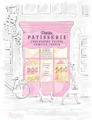 Illustration of a woman walking a dog past a pink patisserie shop with a bicycle parked outside. The shopfront displays "Petite Patisserie" by Rizzoli and showcases small pastries through the window, highlighting the art of French baking.