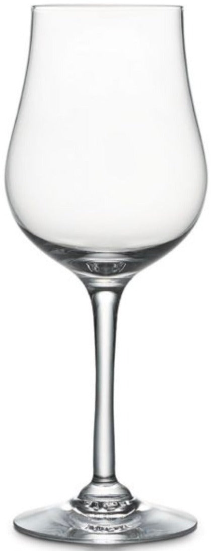 A clear, handblown wine glass from the Simon Pearce Vintner Drinkware Collection features a long stem and rounded bowl, photographed against a white background.