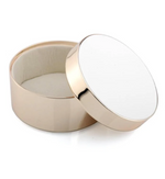 The Addison Ross Trinket Pot Collection features a round gold plate box with a matching lid and light interior—ideal for jewellery storage or as an elegant white enamel trinket pot for your dresser.