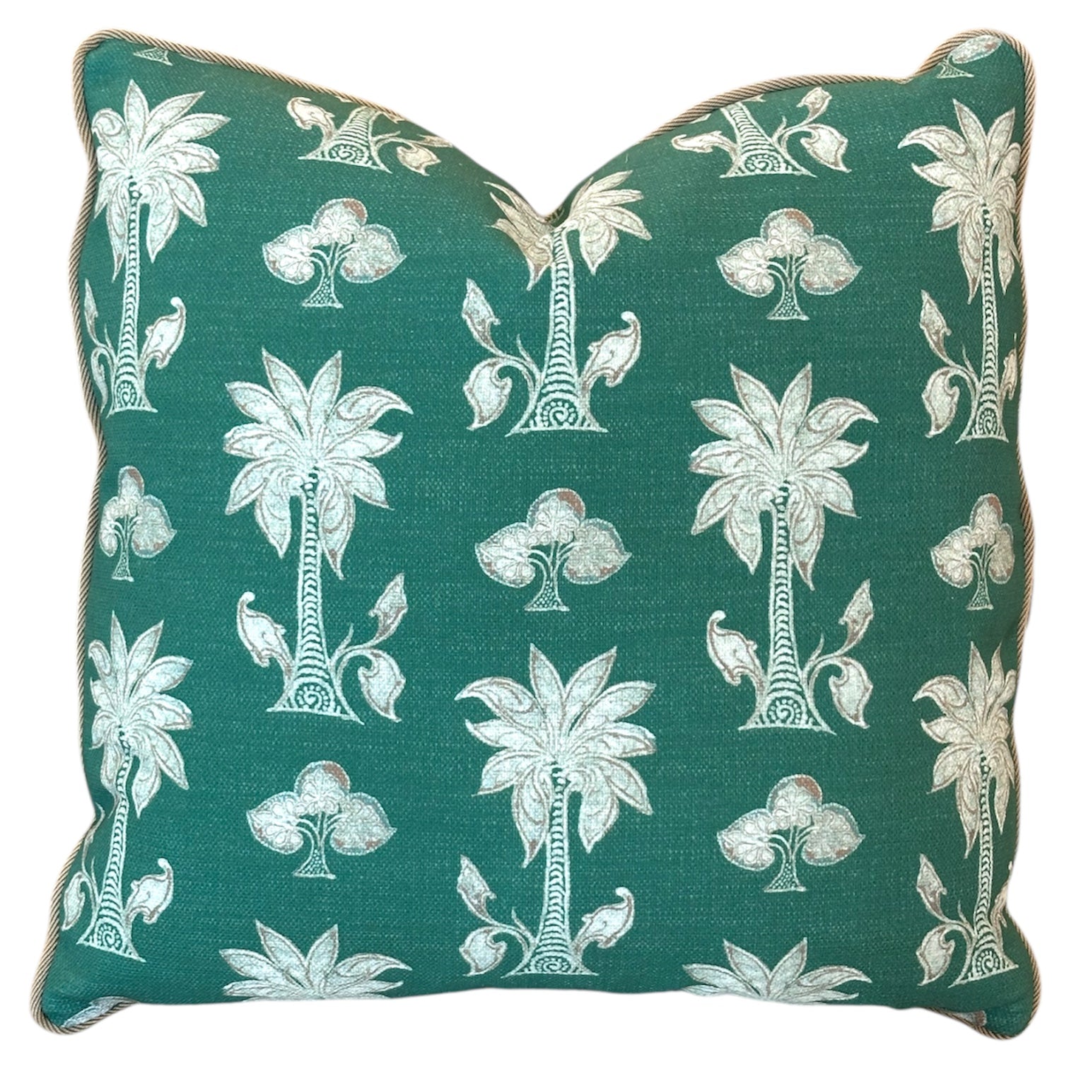The Associated Design Mazari Palm Outdoor Pillow features a green background with white palm trees, stylized birds, and fan-shaped leaves—perfect for adding tropical charm to your patio or garden with weather-resistant style.