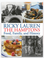 The cover of "The Hamptons: Food, Family, and History" by Rizzoli features family photos, delicious food, and bold text—reflecting the art of entertaining and the relaxed seaside lifestyle.