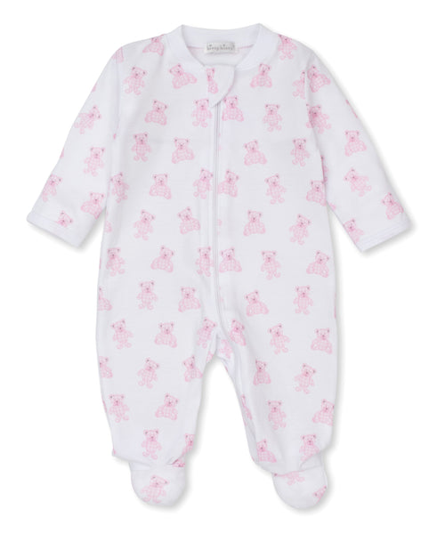 A white Kissy Kissy Pima cotton baby sleepsuit with pink pigs on it, featuring a cozy footie.