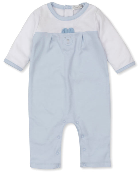 A baby boy's blue and white Kissy Kissy Beary Plaid playsuit with snap closure.